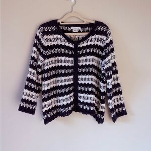 Liz Claiborne Vintage Navy Blue & Cream Striped Knit Cardigan Large